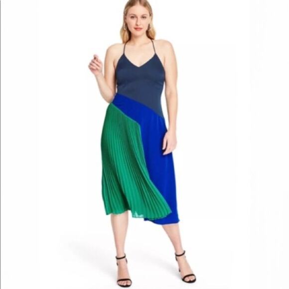 Cushine Women's Pleated Dress Size‎ 12 NWT Navy Combo Cocktail Midi - Picture 1 of 7